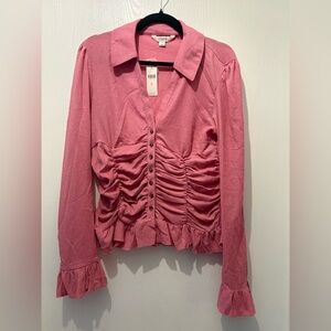 Pink Ruched Button-Front Long Sleeve Top by Maeve, from Abercrombie, XL